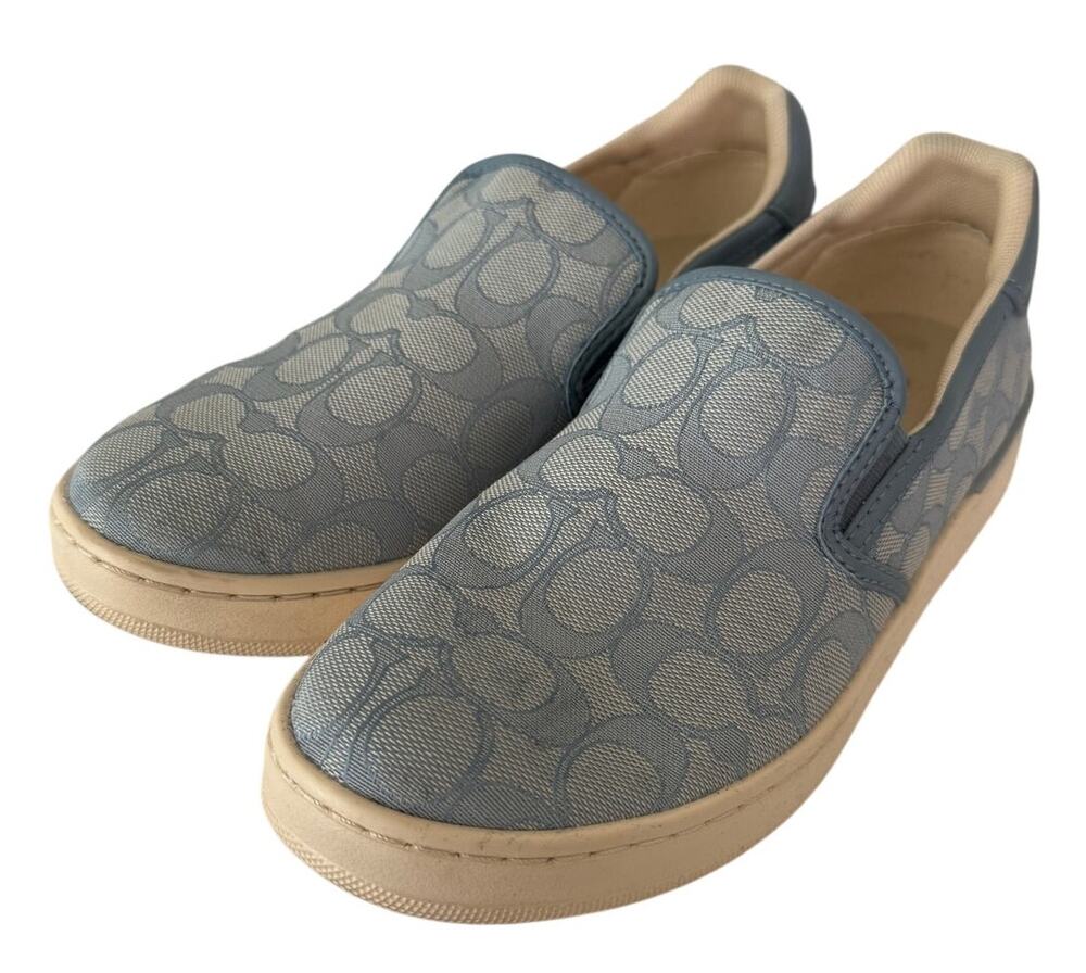 Coach Lt Blue Signature Monogram Slip On Sneakers 7.5 Y2K Leather Trim Casual